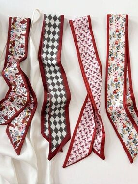 Red-Trim Floral and Patterned Twilly Scarves - Set of 4